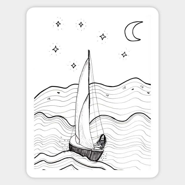 Sailboat on a Wild Ocean whimsical line drawing Sticker by Sandraartist